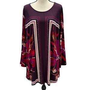 Avenue Long Sleeve Round Neck Berry Floral Print Tunic - Red Purple - size 22